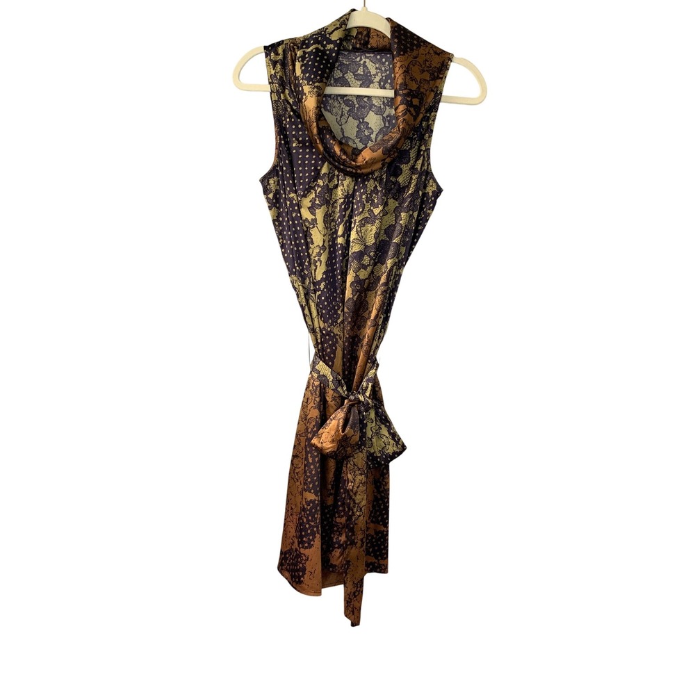 The Limited Dress Brown Gold Sleeveless Cowl Neck Tie Waist Floral Polka Dot